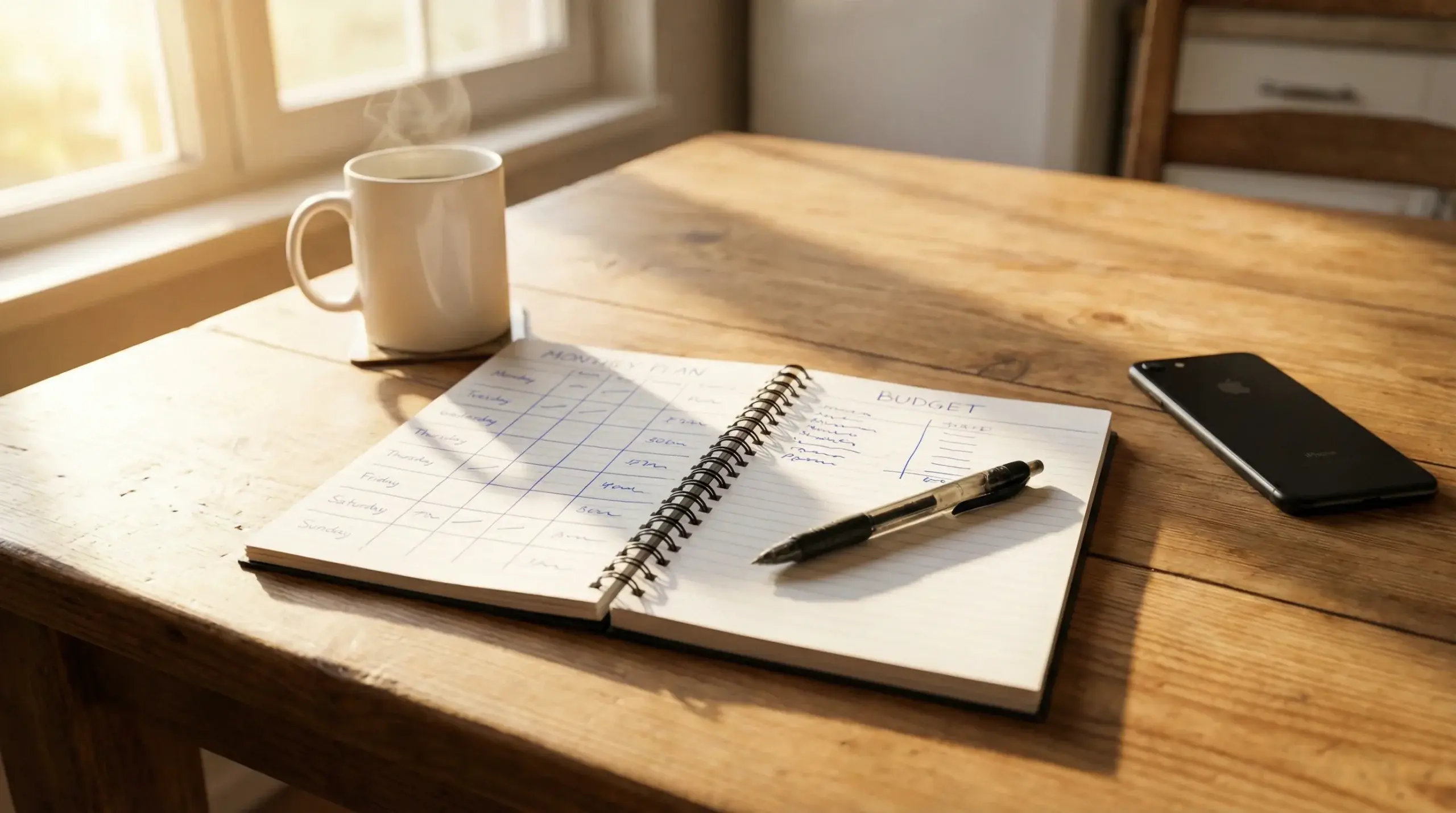 Open notebook with a handwritten gambling budget plan beside a cup of coffee and an iPhone