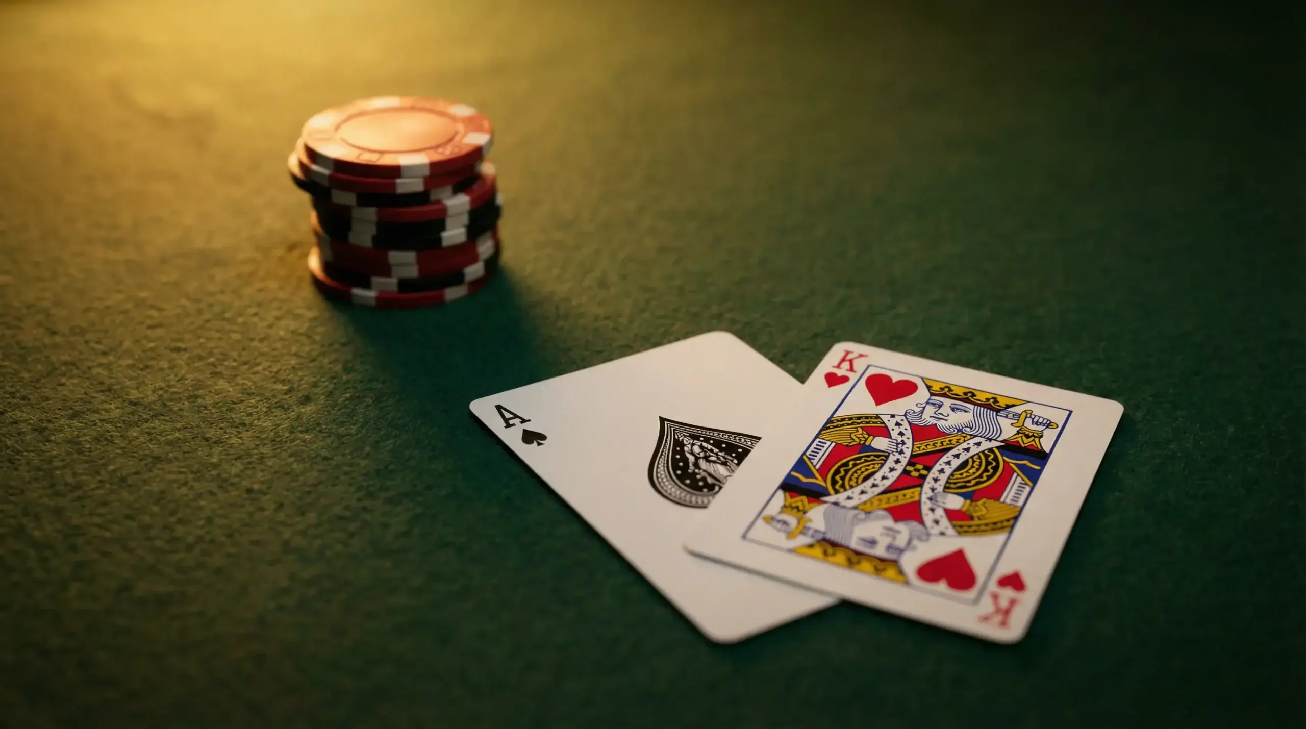 Blackjack cards dealt on a green felt table with chips