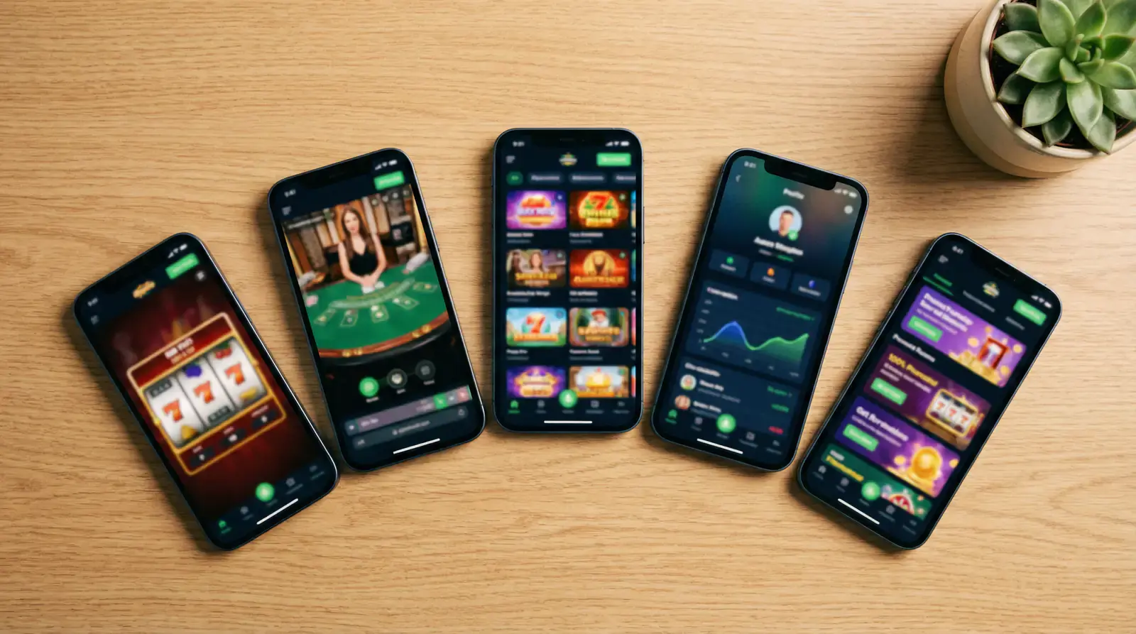 Five iPhones arranged on a desk each displaying a different casino app lobby screen