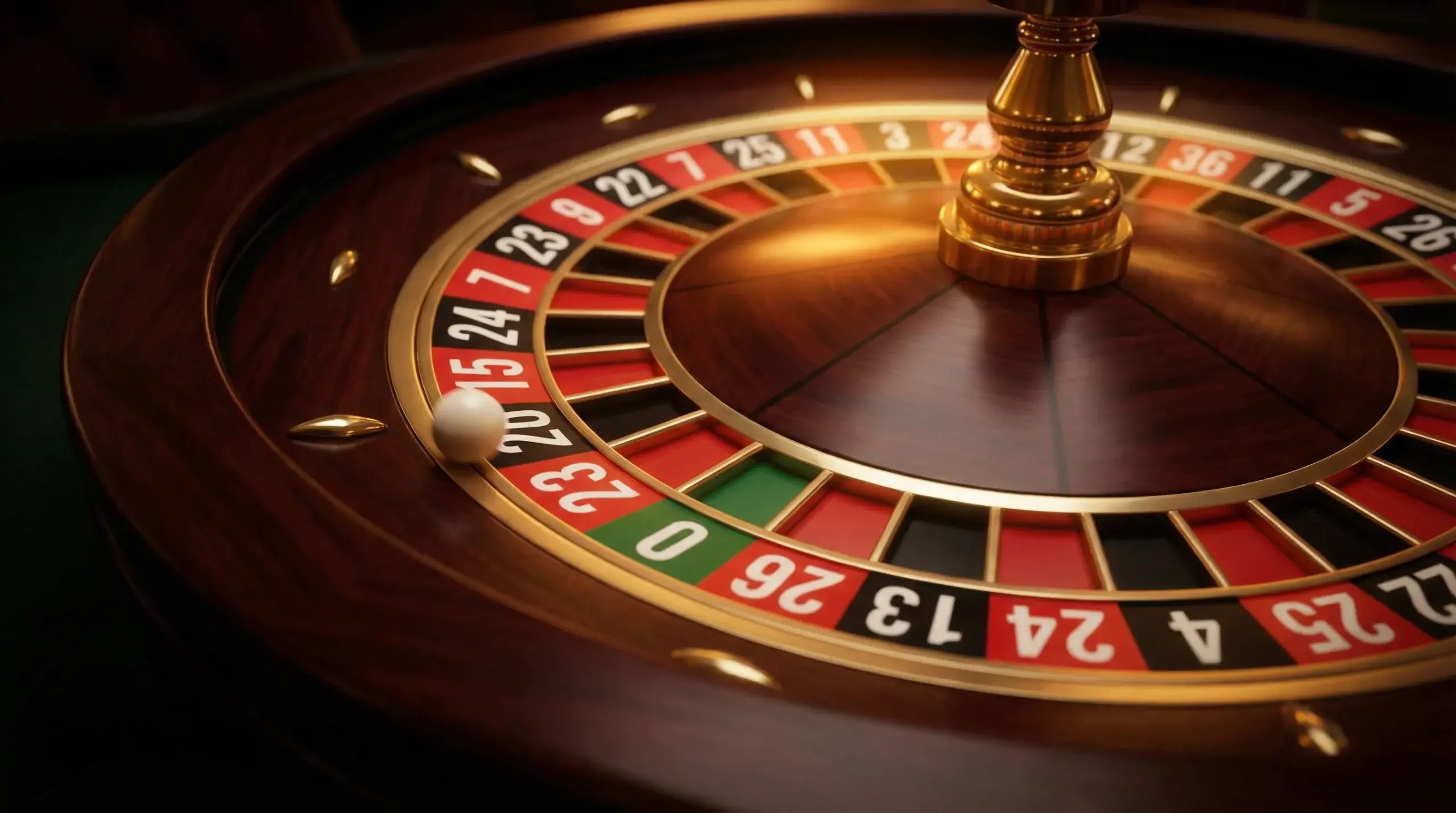 European roulette wheel spinning with ball in motion on green felt