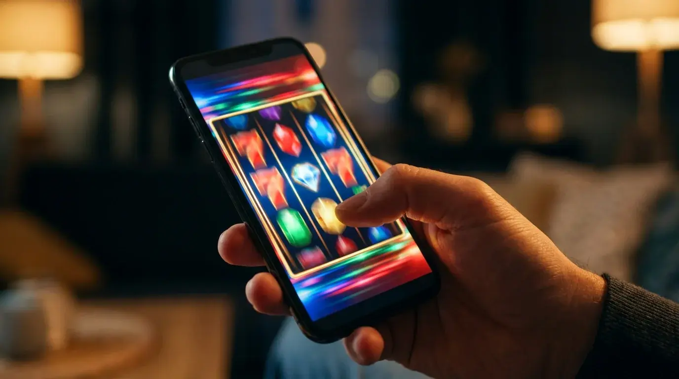 Close-up of an iPhone screen showing colourful slot game reels spinning