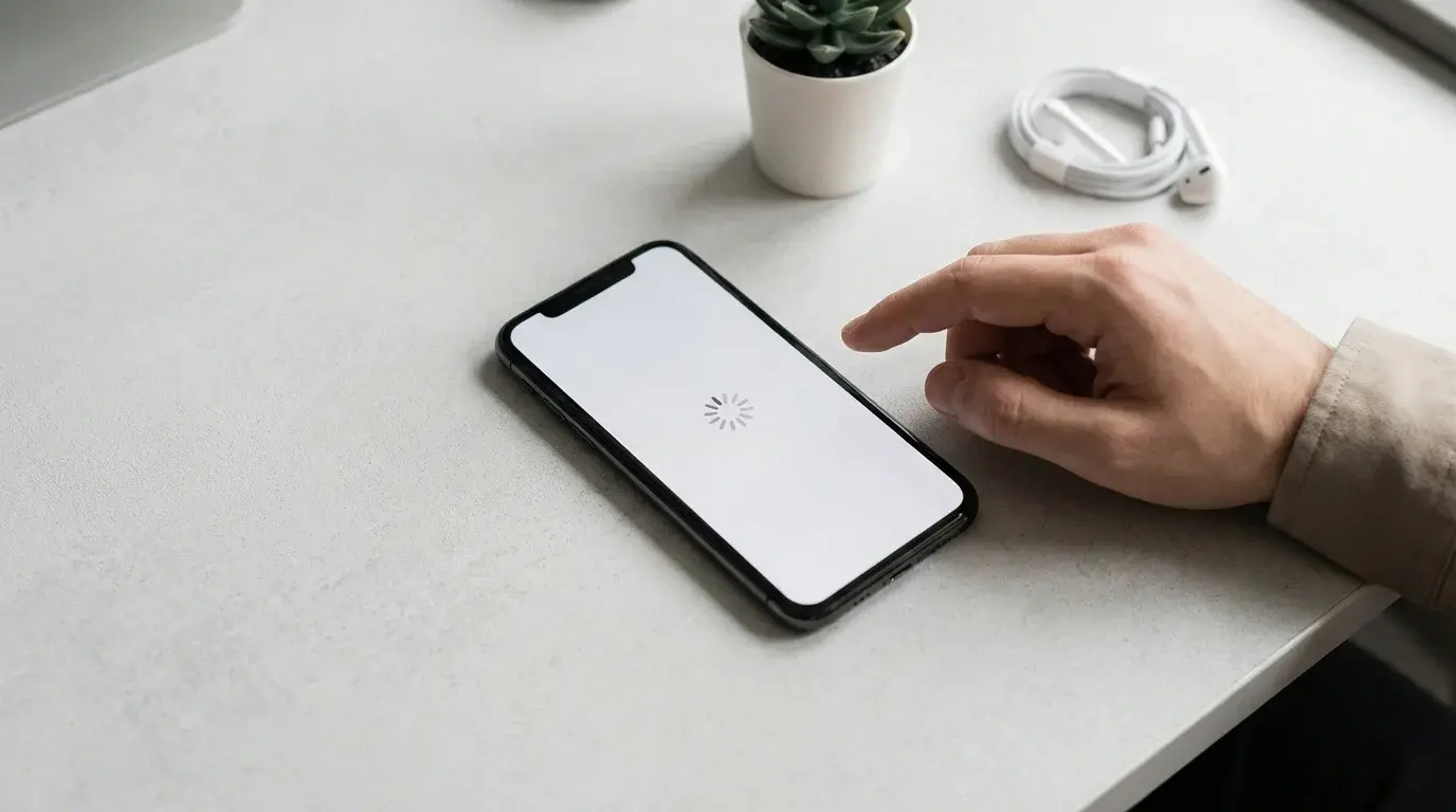 iPhone lying on a desk showing an app loading spinner with a person