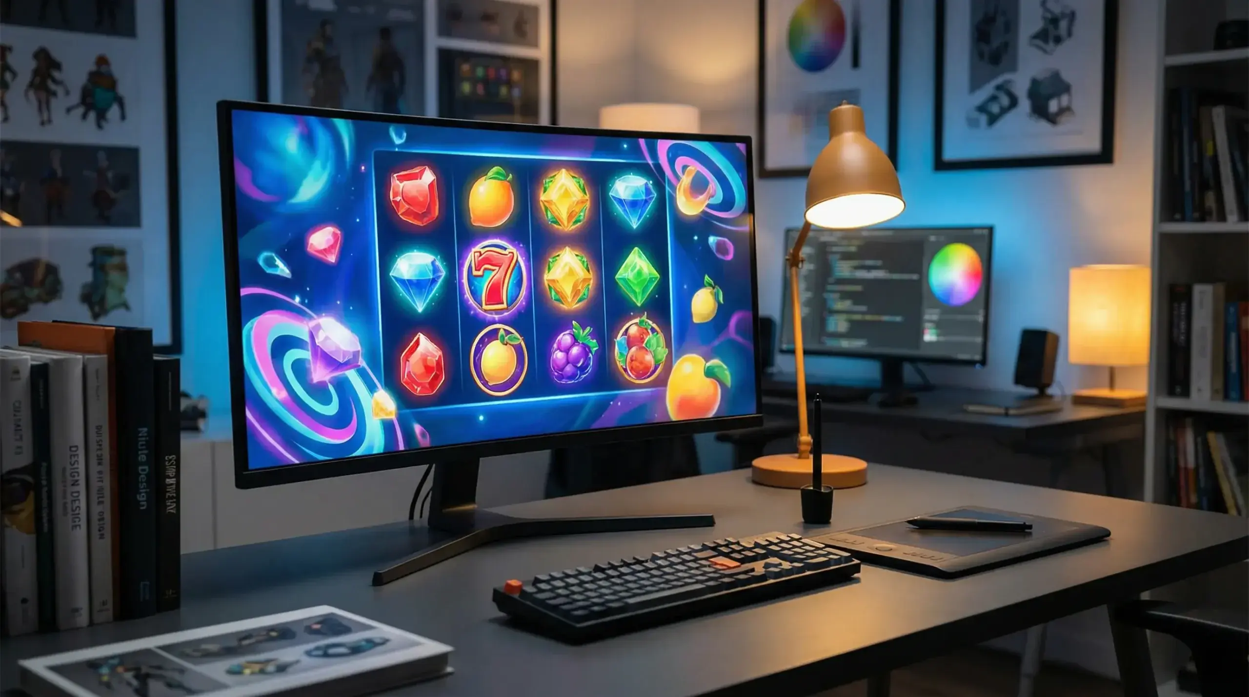 Professional game development studio with multiple monitors showing slot designs