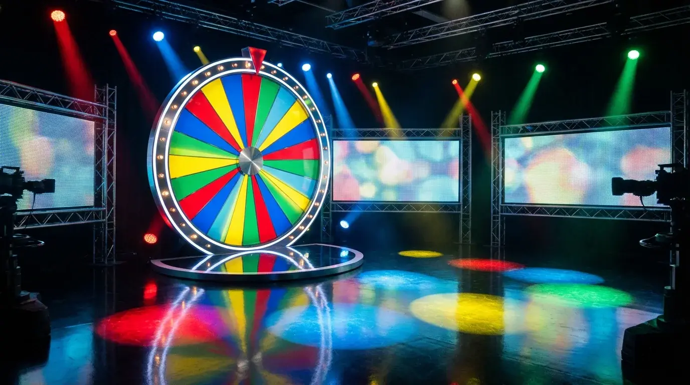 Colourful live casino game show studio with large spinning wheel
