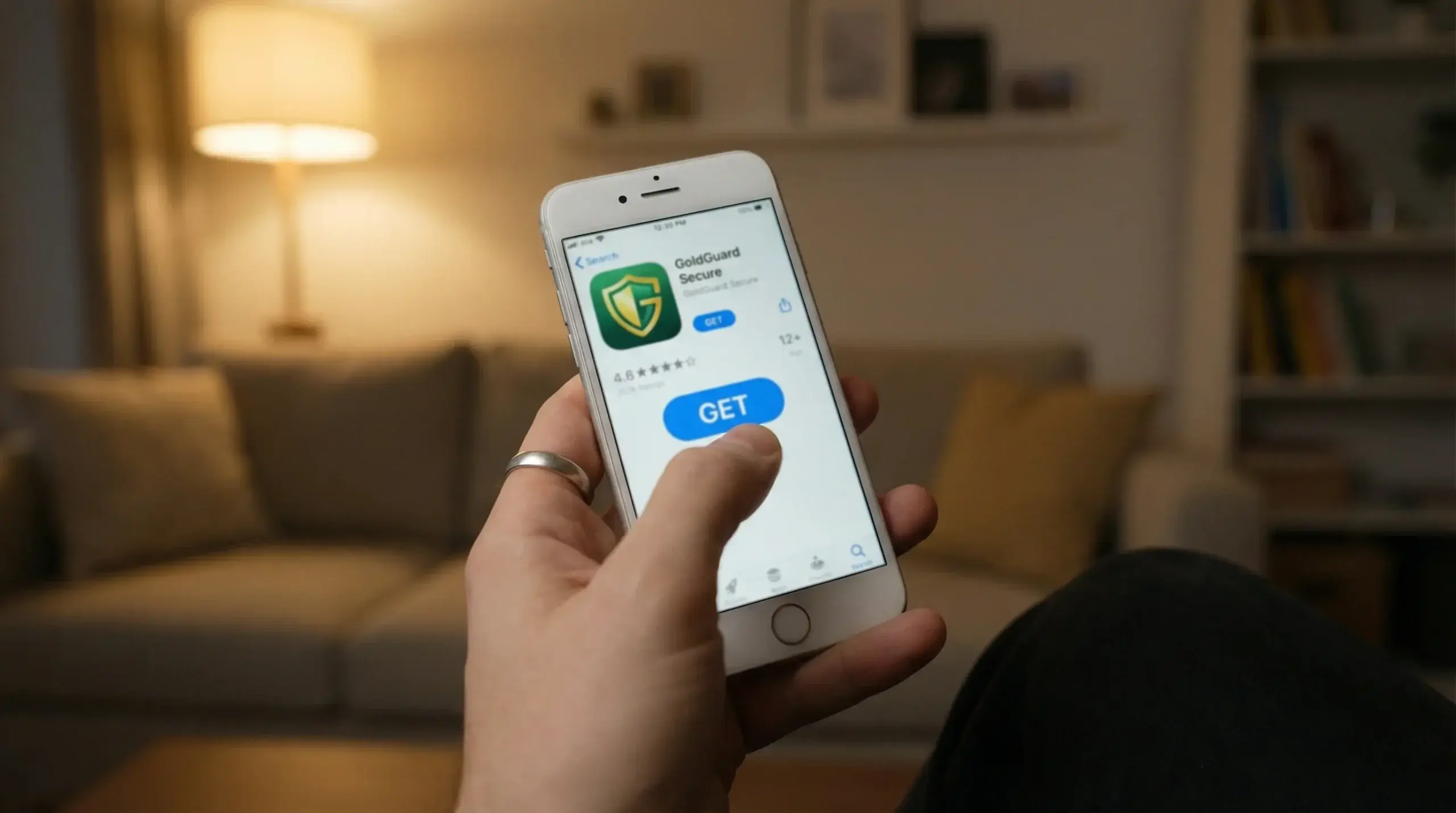 Hand holding an iPhone showing the App Store with a casino app download button