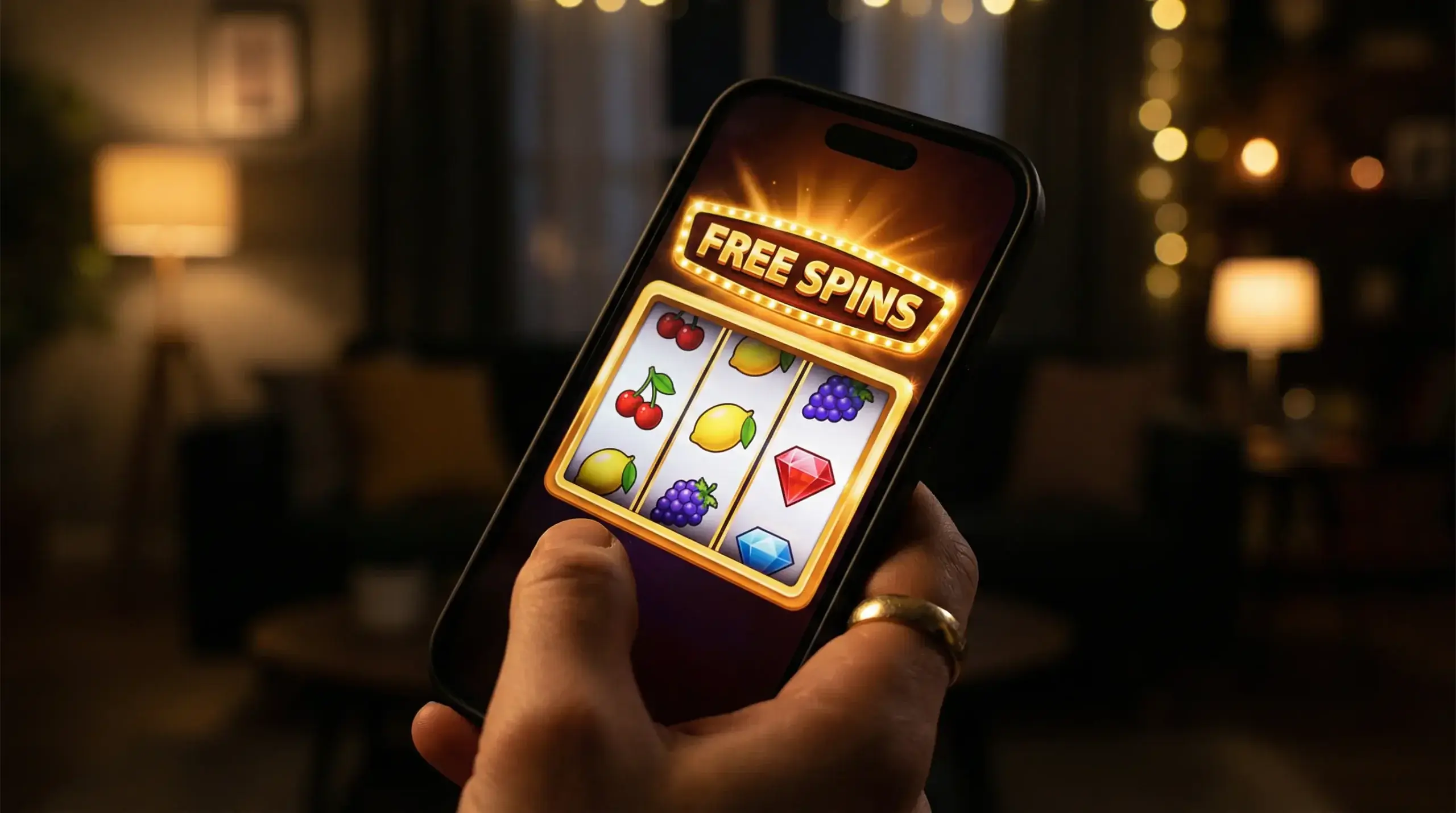 Slot machine reels mid-spin on an iPhone screen with a free spins banner