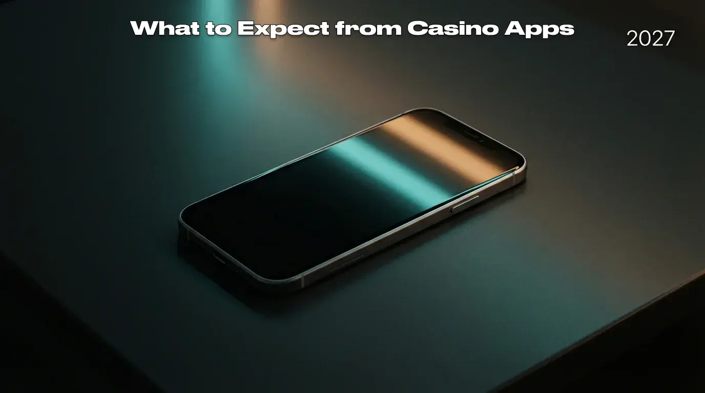 iPhone lying flat on a sleek dark surface with soft neon light reflections suggesting innovation