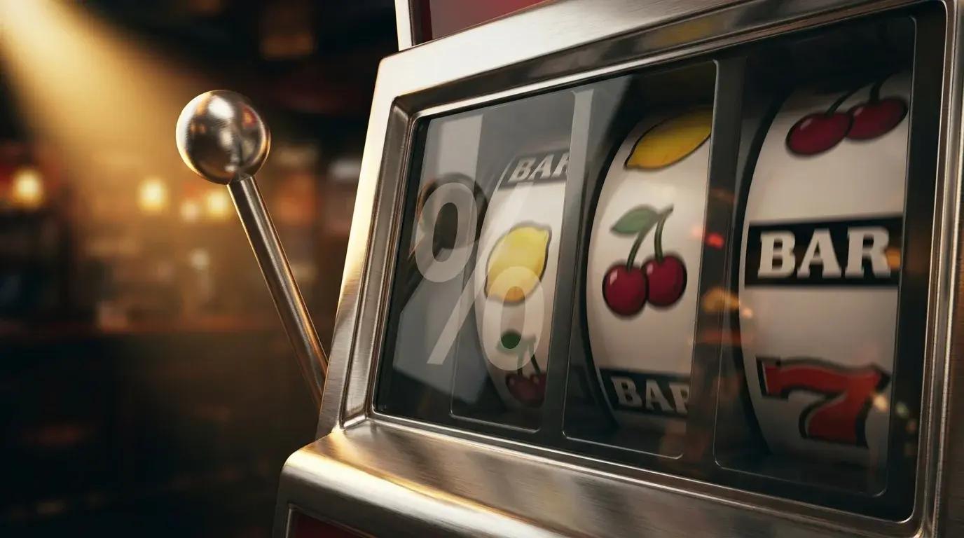 Slot machine reels close-up with percentage symbol overlay