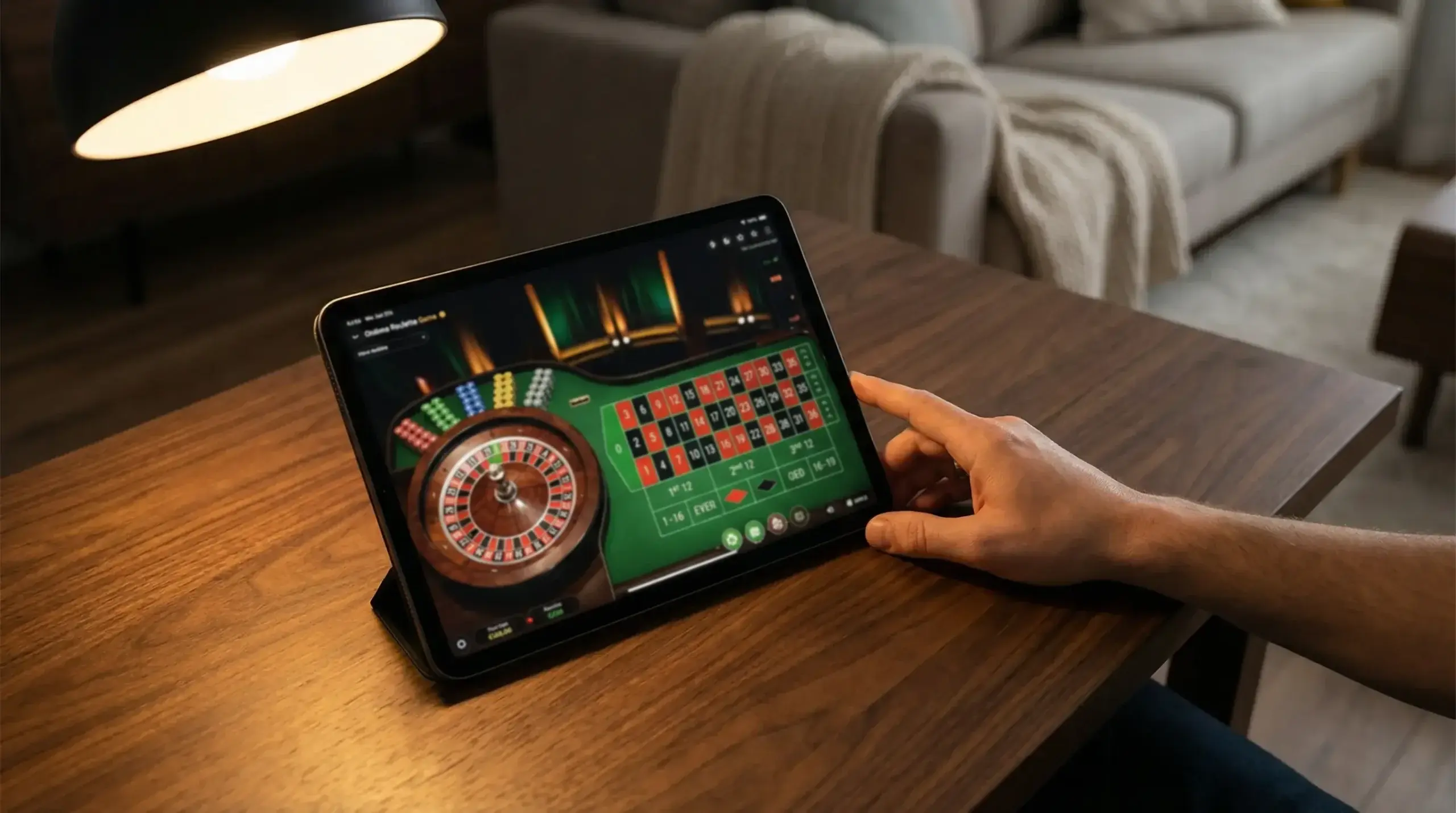 iPad showing a live casino app with roulette table on a large screen