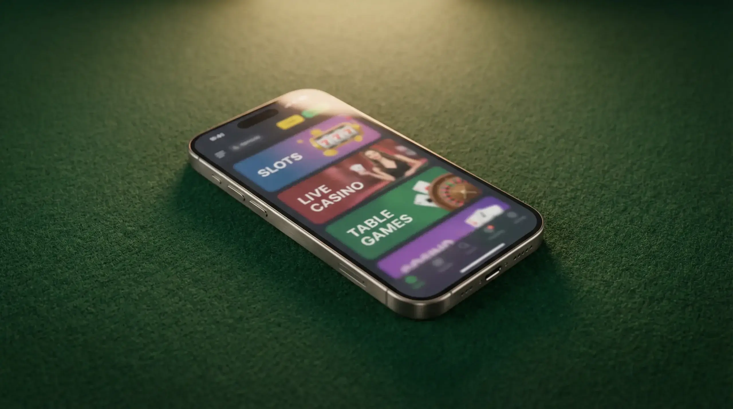 iPhone on a green felt surface showing a casino app home screen with game categories
