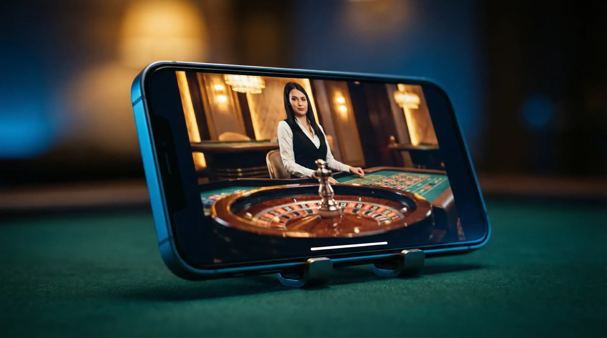 Live casino dealer at a roulette table streamed on an iPhone screen