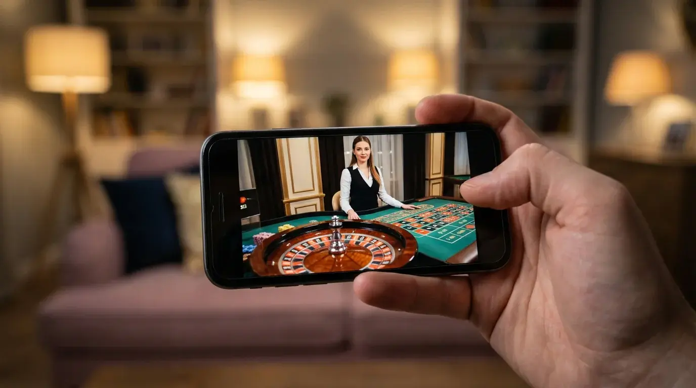Close-up of an iPhone screen showing a live dealer roulette table with HD video stream
