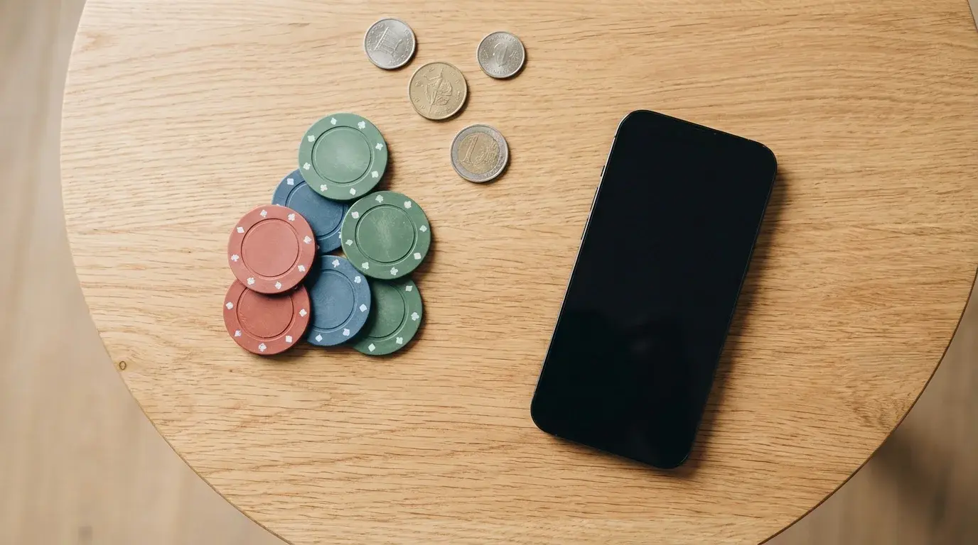A small neat stack of casino chips beside an iPhone on a wooden table top-down view