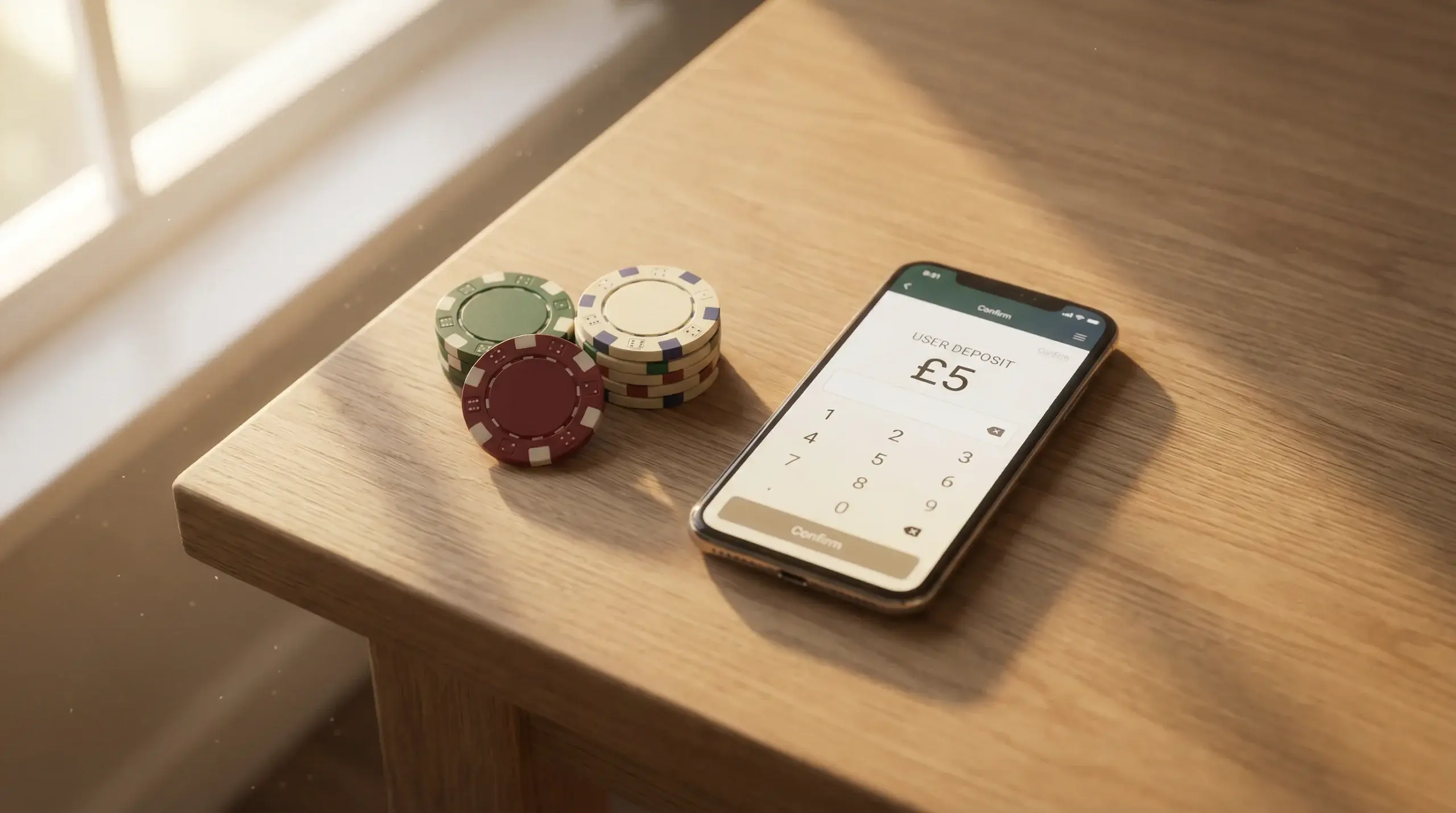A small stack of poker chips next to an iPhone showing a casino app deposit screen