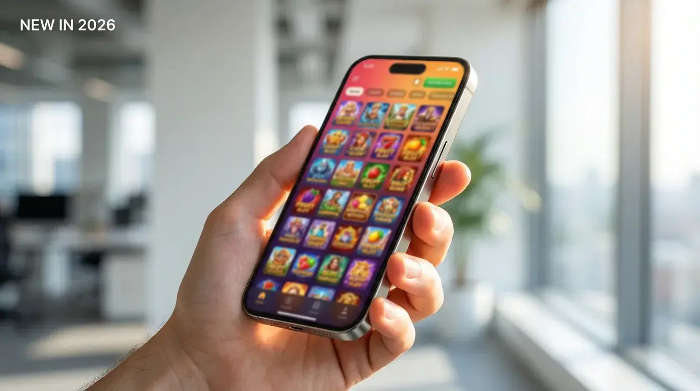 Hand holding an iPhone with a freshly installed casino app glowing on the screen