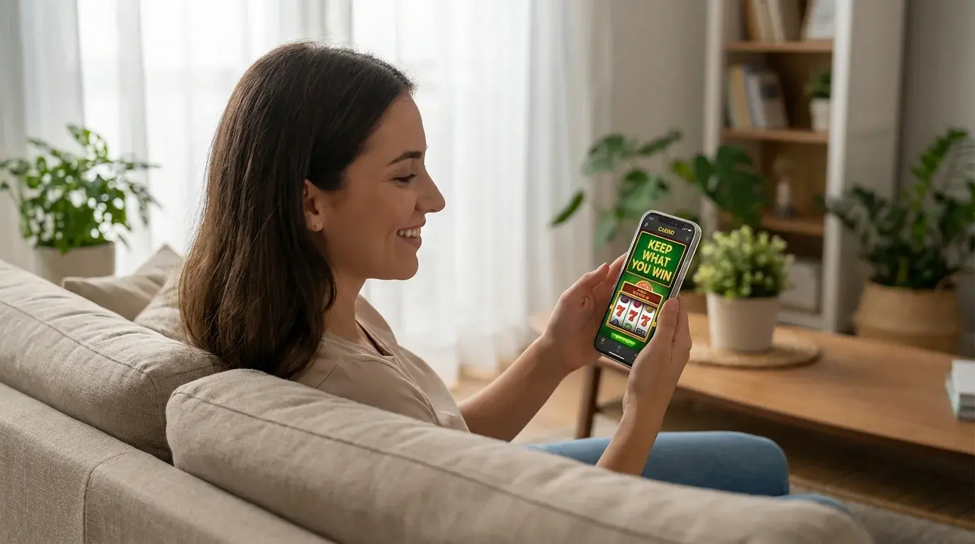 Person celebrating a casino app win on their iPhone with no wagering restrictions