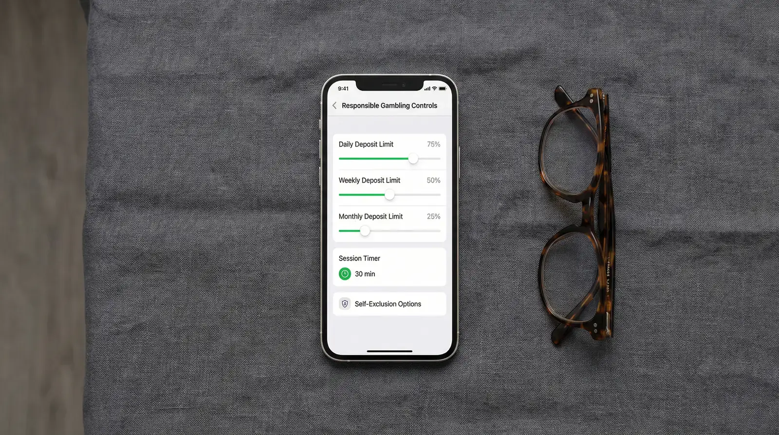iPhone screen displaying deposit limit settings and session timer controls inside a casino app