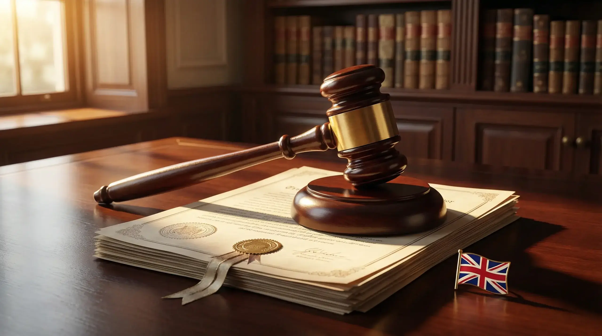 Wooden gavel resting on a stack of legal documents beside a UKGC licence certificate