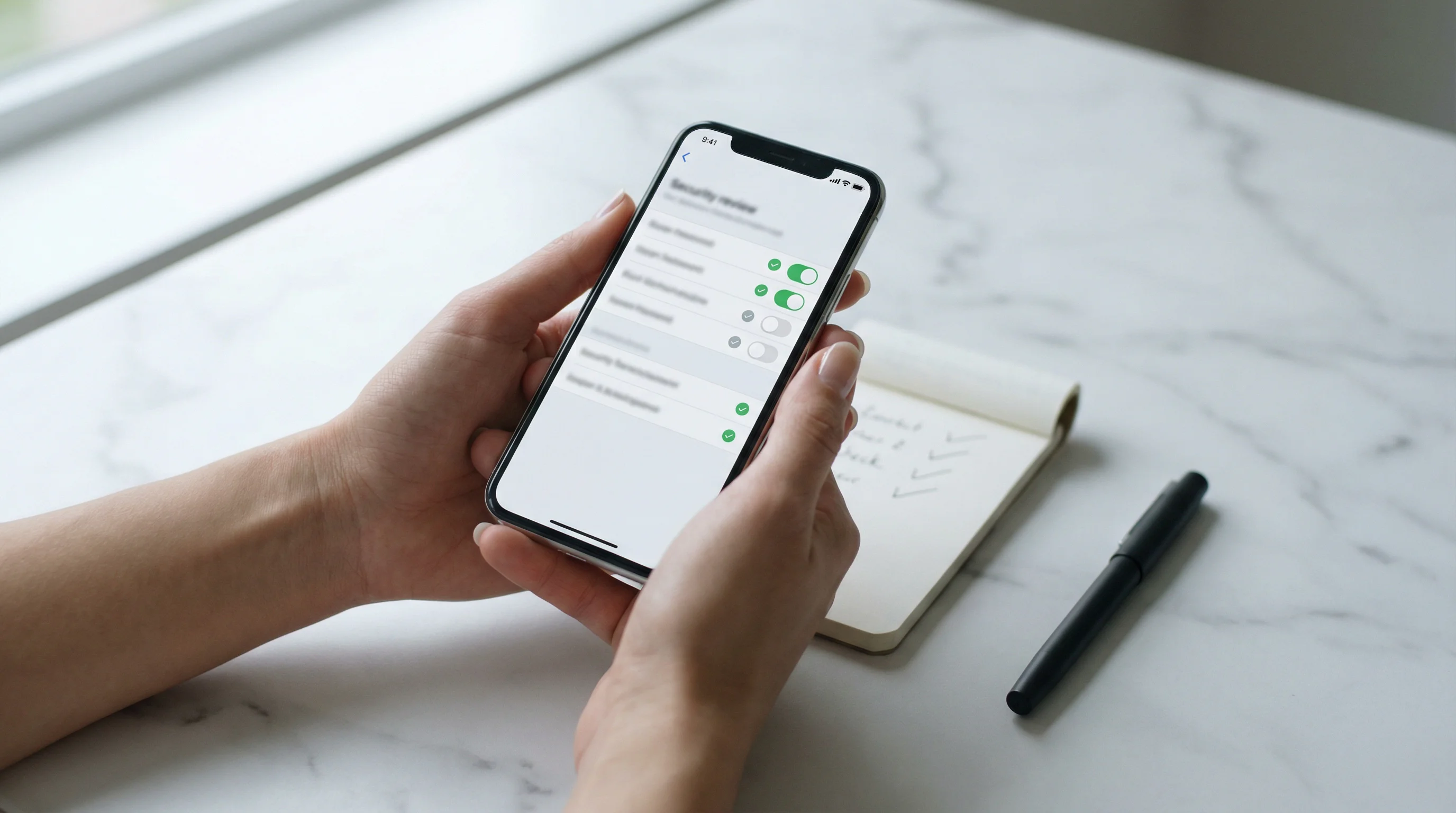 Person holding an iPhone reviewing a casino app settings screen with security options visible
