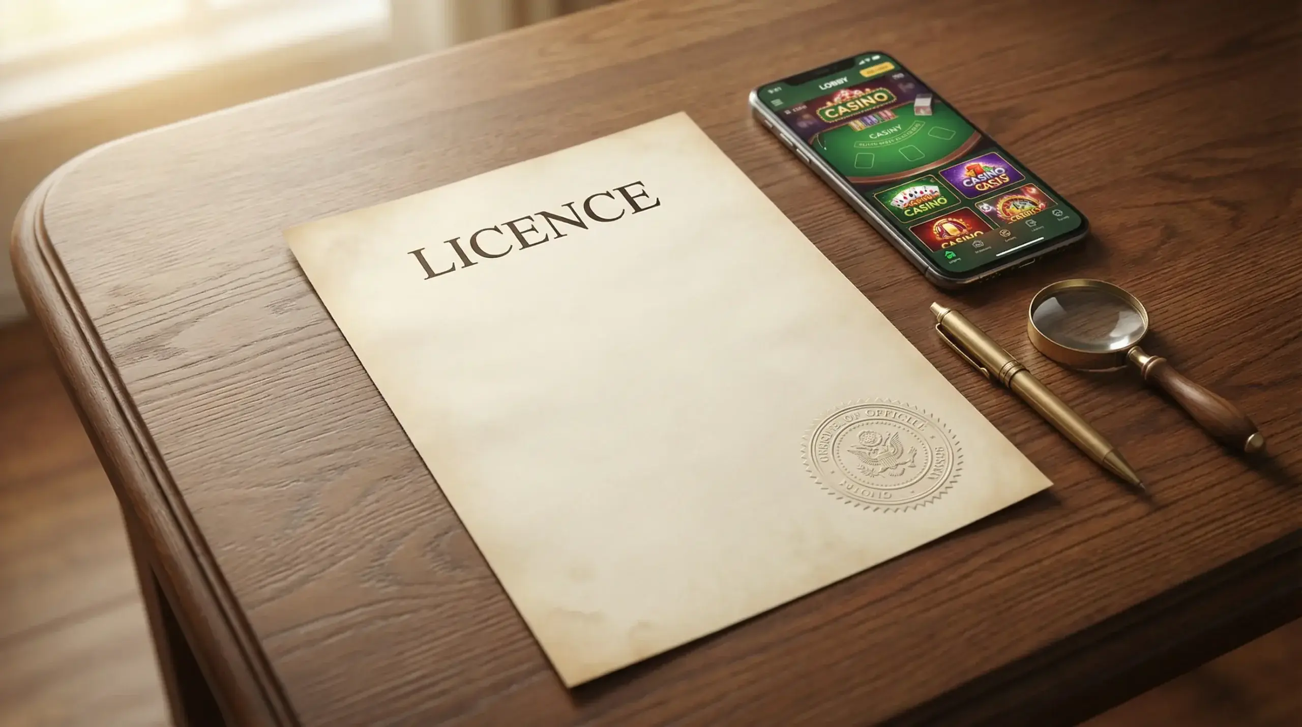 UKGC licence certificate with a casino app interface on an iPhone screen